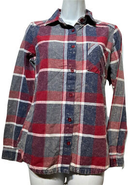 rvca red blue plaid collared flannel button up long sleeve Size XS